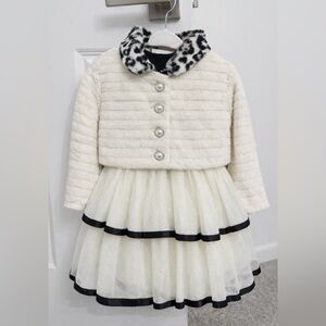 NWT Girls Cream Tulle Dress & Faux Fur Jacket Set | Pearl Buttons | Size 2T